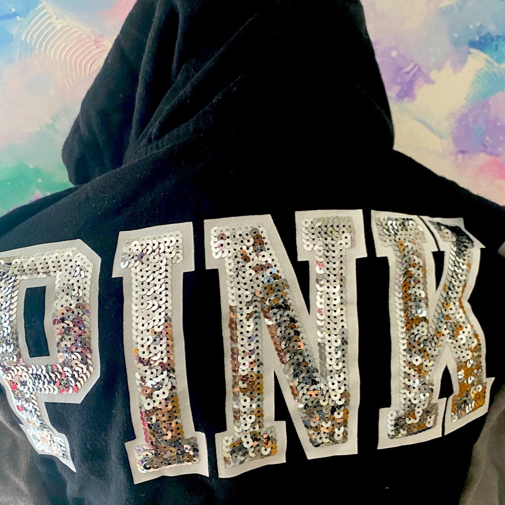 PINK black sequin hoodie. Size medium